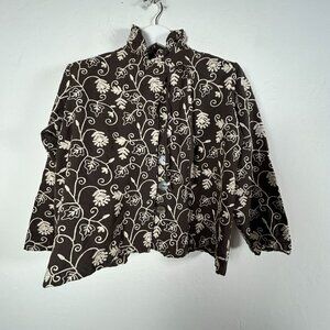 Tancredi & Morgen Womens Floral Embroidered Long Sleeve Button-Up Blouse Brown